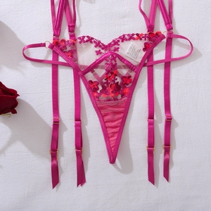 Detailed close-up of rose red floral embroidery on sheer lace thong and garter set belt