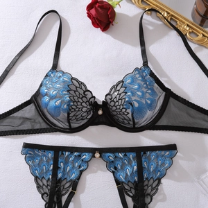 Détail de la broderie plume de paon et du mesh sur cet ensemble de lingerie noire