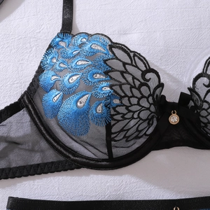 Détail de broderie plume de paon bleue sur bonnet en dentelle noire avec pendentif doré