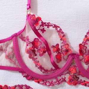 Detail of sheer dark pink lace bra featuring floral embroidery and scallop lace edges
