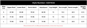 Detailed size chart with measurements for lace lingerie set with metal chain decor