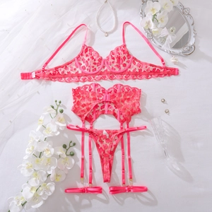 Detailed view of pink lace bra set with leopard heart embroidery and garter belt