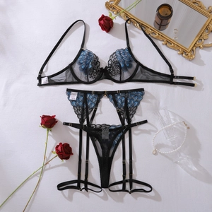 Détail de la broderie plume de paon sur l'ensemble de lingerie sexy en mesh noir