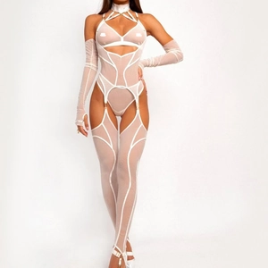 Sultry white mesh five-piece lingerie set with cut-out bodysuit and long gloves
