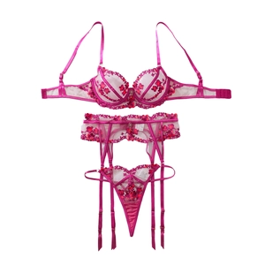 Three-piece rose pink lace lingerie set with floral embroidery and adjustable straps