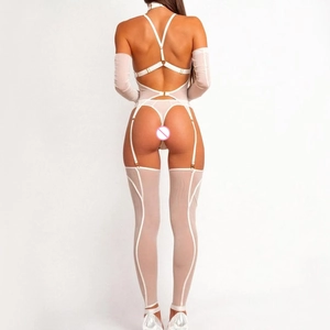 Detailed back view of white mesh lingerie set with cross straps and garters