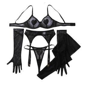 Ensemble de lingerie sexy 5 pièces en maille noire avec motifs cœurs en similicuir et gants