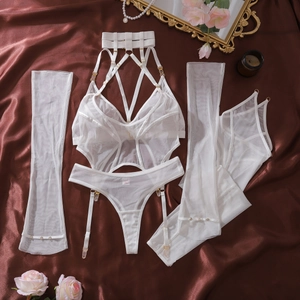 Flat lay of white mesh lingerie set with garter belt on vintage brown satin background