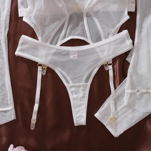 Detailed macro view of white sheer mesh lingerie set with golden metal hardware and hooks