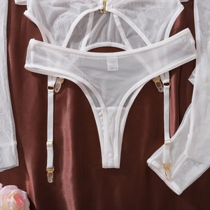 Detailed macro view of white sheer mesh lingerie lace and gold metal hardware on silk