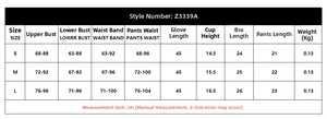 Detailed size chart for mesh embroidered lingerie set with gloves, showing S to L measurements