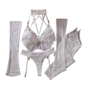 Sexy white mesh lingerie 5-piece set with straps, garter belt and matching sheer sleeves