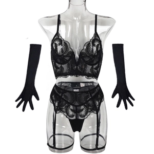 Sexy black lace lingerie set with floral embroidery, V-neck bra and matching gloves