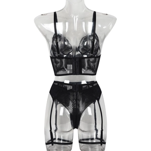 Detail view of the back of black lace embroidery lingerie set with adjustable straps