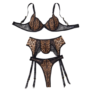Ensemble de lingerie 3 pièces imprimé léopard avec dentelle, soutien-gorge et jarretelles