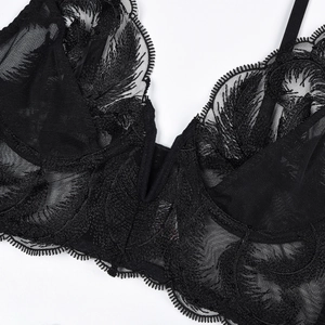 Macro view of detailed feather embroidery on black sheer mesh v-neck lingerie cup