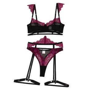 Sexy black and fuchsia lace mesh lingerie set with garter belts and adjustable straps