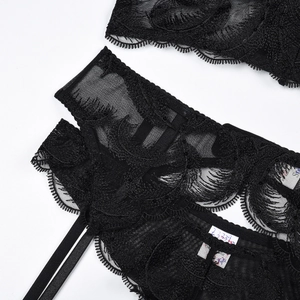 Detailed macro view of black mesh embroidery and delicate eyelash lace on sexy lingerie set