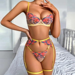 Women Sexy Contrast Floral Embroidered Lingerie Set Yellow Mesh Bra Top And Bottom With Garter Belt Body Shaping Underwear