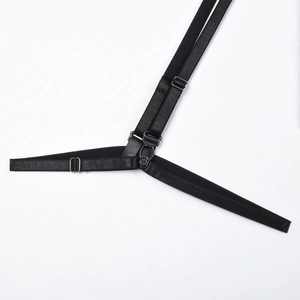Close-up of adjustable black elastic straps with metal buckles and hardware details