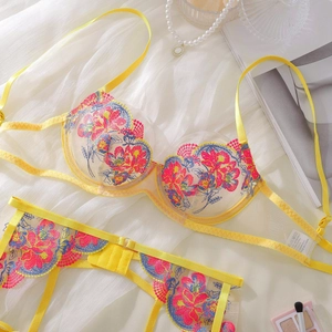 Detailed close-up of yellow sheer mesh bra with vibrant floral embroidery and underwire