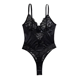 Elegant black lace bodysuit featuring satin bow details and adjustable thin straps