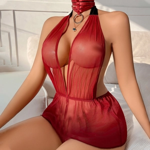Detail of red sheer mesh bodysuit with leather halter neck and silver metal ring decoration