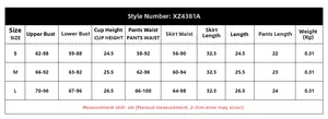 Size chart showing S-M-L measurements for the halter bow bra and mini skirt set