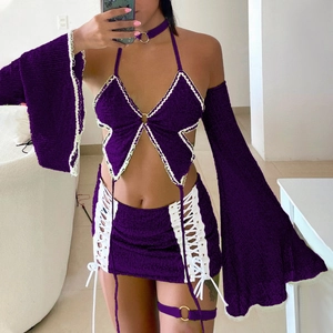 Sexy purple crochet butterfly halter top and mini skirt set with white lace-up detailing