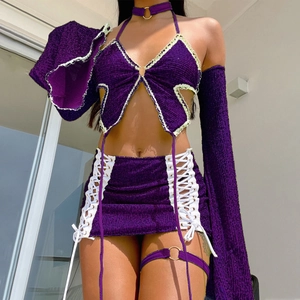 Deep purple butterfly halter top and mini skirt set with lace trim for Y2K fashion style