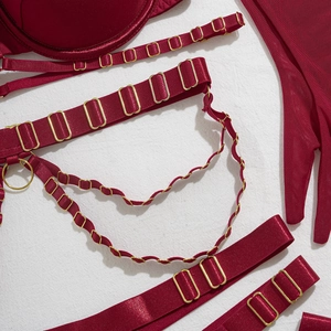 Détail d'un ensemble lingerie en satin rouge foncé avec boucles dorées et gants résille