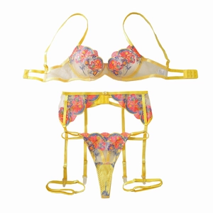 Lingerie set with yellow lace, contrast floral embroidery, garter belt and thong