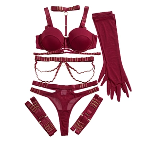 Ensemble lingerie 5 pièces bordeaux avec soutien-gorge push-up et porte-jarretelles