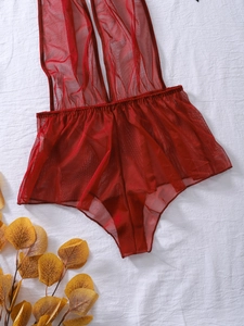 Detailed close-up of red sheer mesh teddy lingerie with deep V-neckline and lace trim