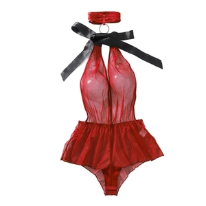 Sexy red mesh sheer bodysuit with halter neck, black bow detail and matching choker set