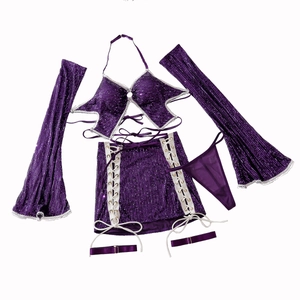 Five-piece purple sequin lingerie set with halter star top and lace-up mini skirt