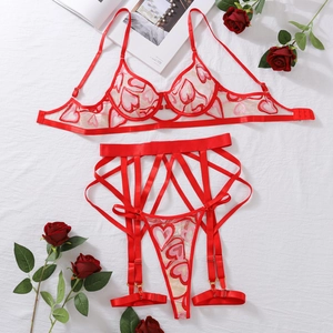 Ensemble de lingerie en résille rouge avec broderie de cœurs et roses rouges
