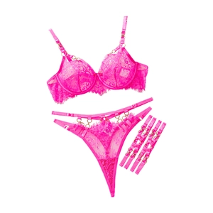 Ensemble lingerie 3 pièces dentelle rose fuchsia avec soutien-gorge et harnais
