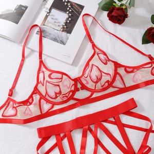 Ensemble de lingerie en résille rouge avec broderie cœur et porte-jarretelles en dentelle