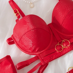 Detalle del conjunto de lencería roja con patrón de serpiente y anillos dorados