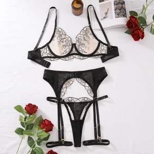 Ensemble lingerie en dentelle noire avec broderie florale beige et porte-jarretelles