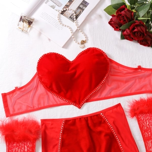 Détails de l'ensemble de lingerie cœur rouge avec tulle et gants en dentelle sur blanc