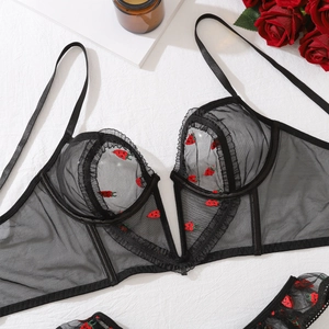 Détail d'un soutien-gorge en maille noire avec broderie fraise rouge et volants fins