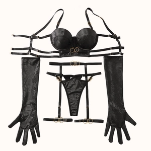 Conjunto de lencería sexy de 5 piezas en cuero PU de serpiente negro con aros dorados