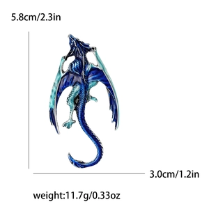 Western dragon brooch in blue enamel gradient with size specs 5.8cm by 3.0cm