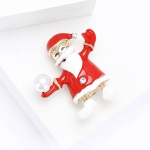 Broche Père Noël élégante en alliage doré avec émail rouge, cristaux et perle blanche