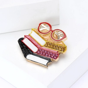 Creative enamel book and red glasses brooch with sparkling rhinestones for apparel