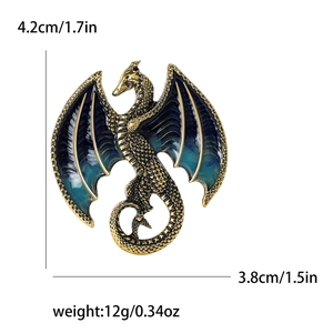 Golden dragon brooch with teal enamel wings, 4.2cm x 3.8cm, high-end coat accessory