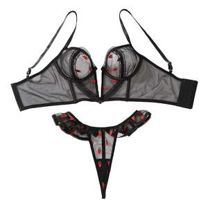 Ensemble de lingerie sexy en mesh noir avec broderies fraises et soutien-gorge