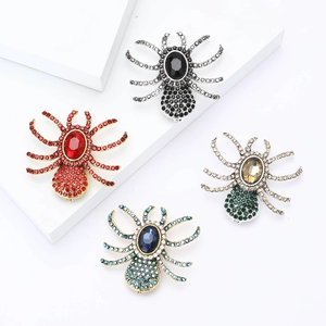 Detailed view of alloy spider brooches with colorful rhinestones in multiple finishes
